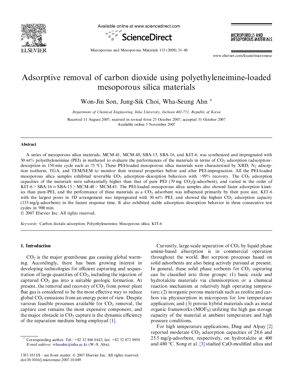 Adsorptive removal of carbon dioxide using polyethyleneimine-loaded mesoporous silica materials