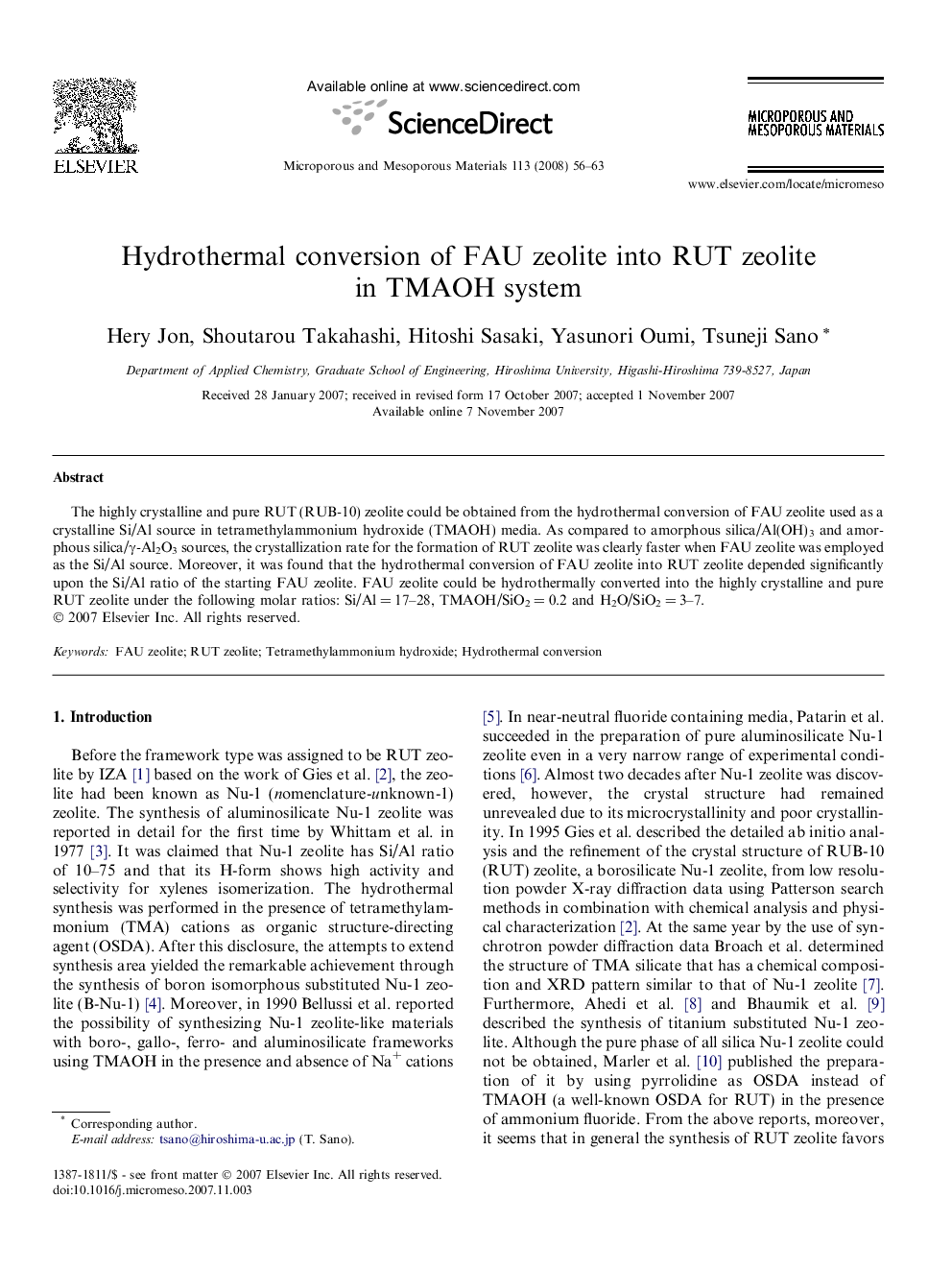 Hydrothermal conversion of FAU zeolite into RUT zeolite in TMAOH system