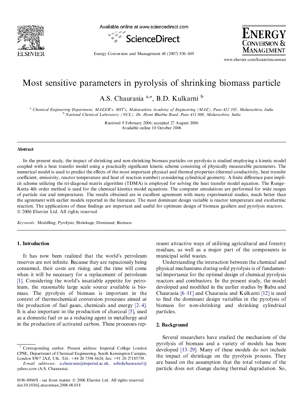 Most sensitive parameters in pyrolysis of shrinking biomass particle