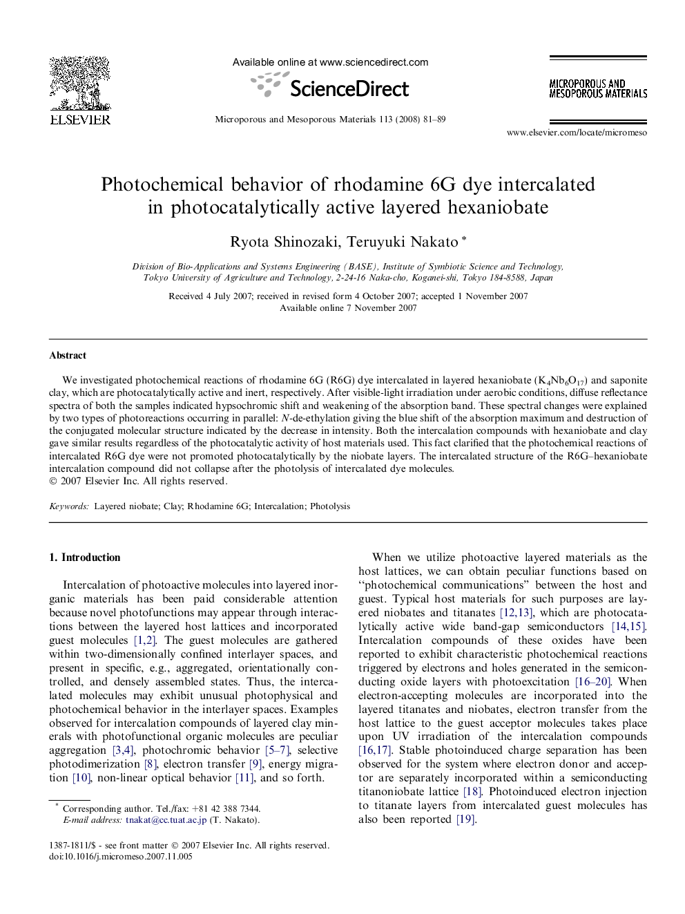 Photochemical behavior of rhodamine 6G dye intercalated in photocatalytically active layered hexaniobate