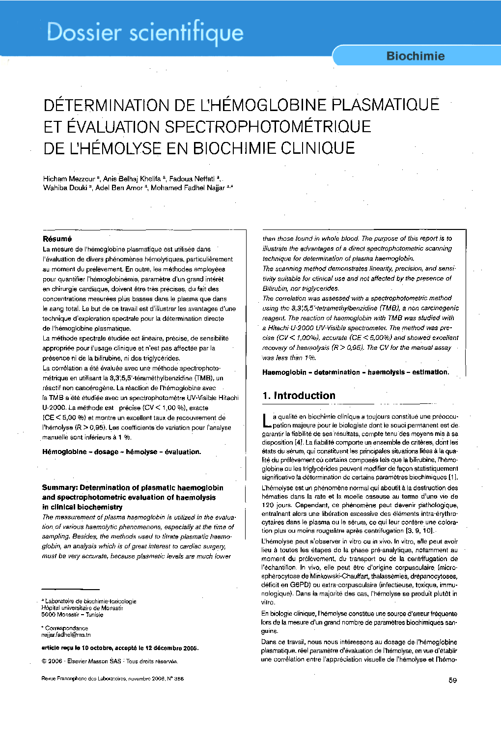 Détermination de l'hémoglobine plasmatique et évaluation spectrophotométrique de lhemolyse en biochimie clinique