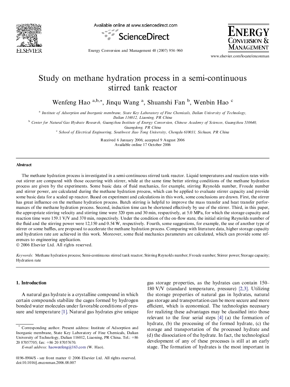 Study on methane hydration process in a semi-continuous stirred tank reactor