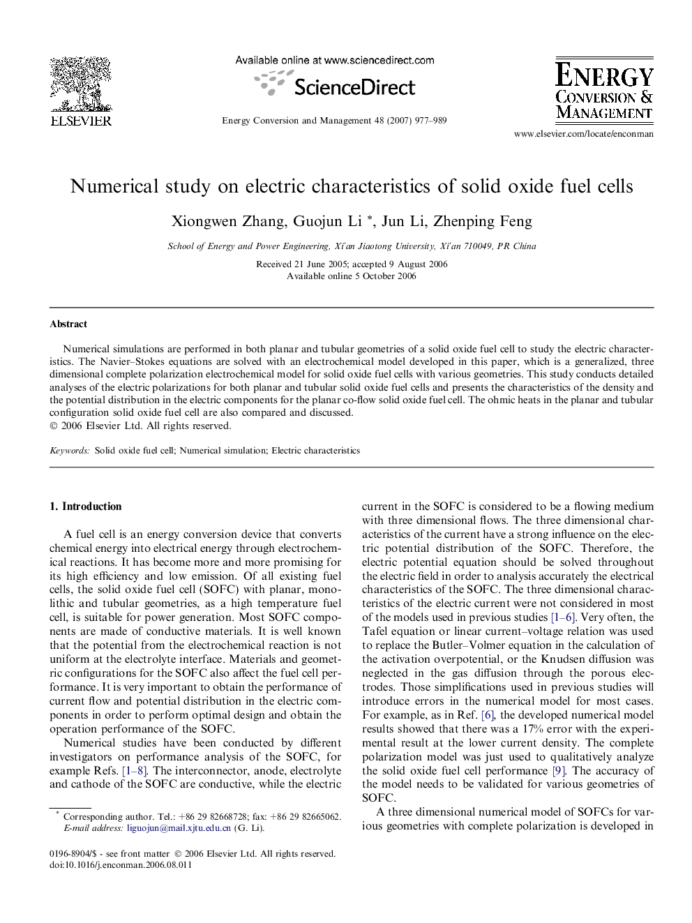 Numerical study on electric characteristics of solid oxide fuel cells