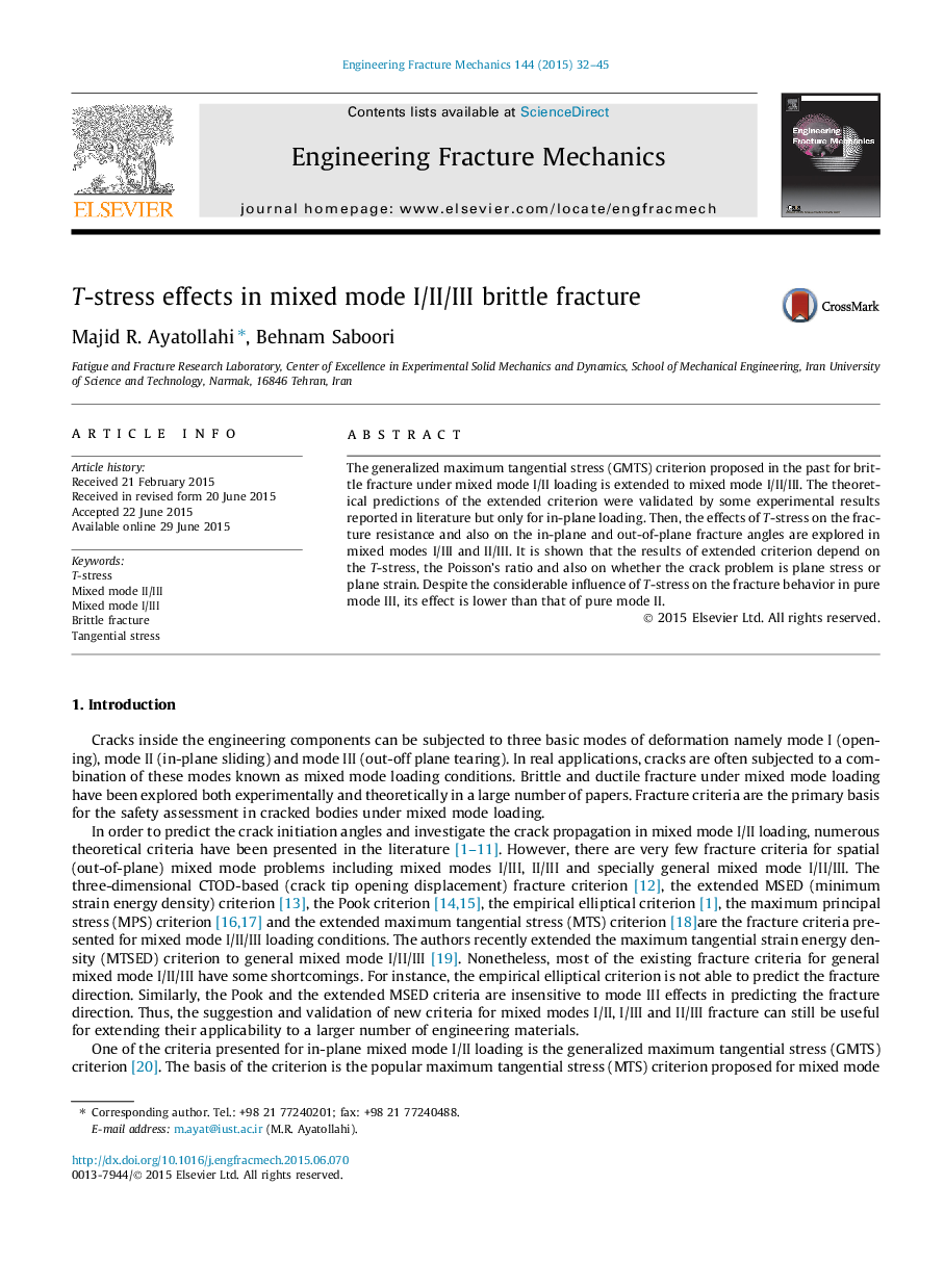 T-stress effects in mixed mode I/II/III brittle fracture