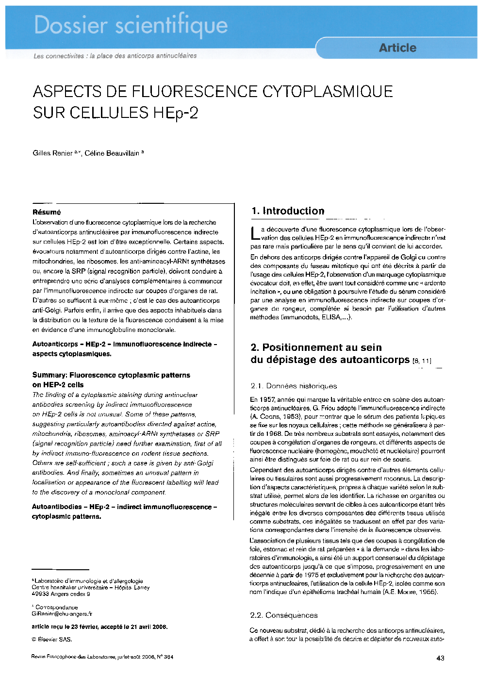 عکس صفحه اول مقاله: Aspects de fluorescence cytoplasmiquesur cellules HEp-2 Aspects de fluorescence cytoplasmiquesur cellules HEp-2