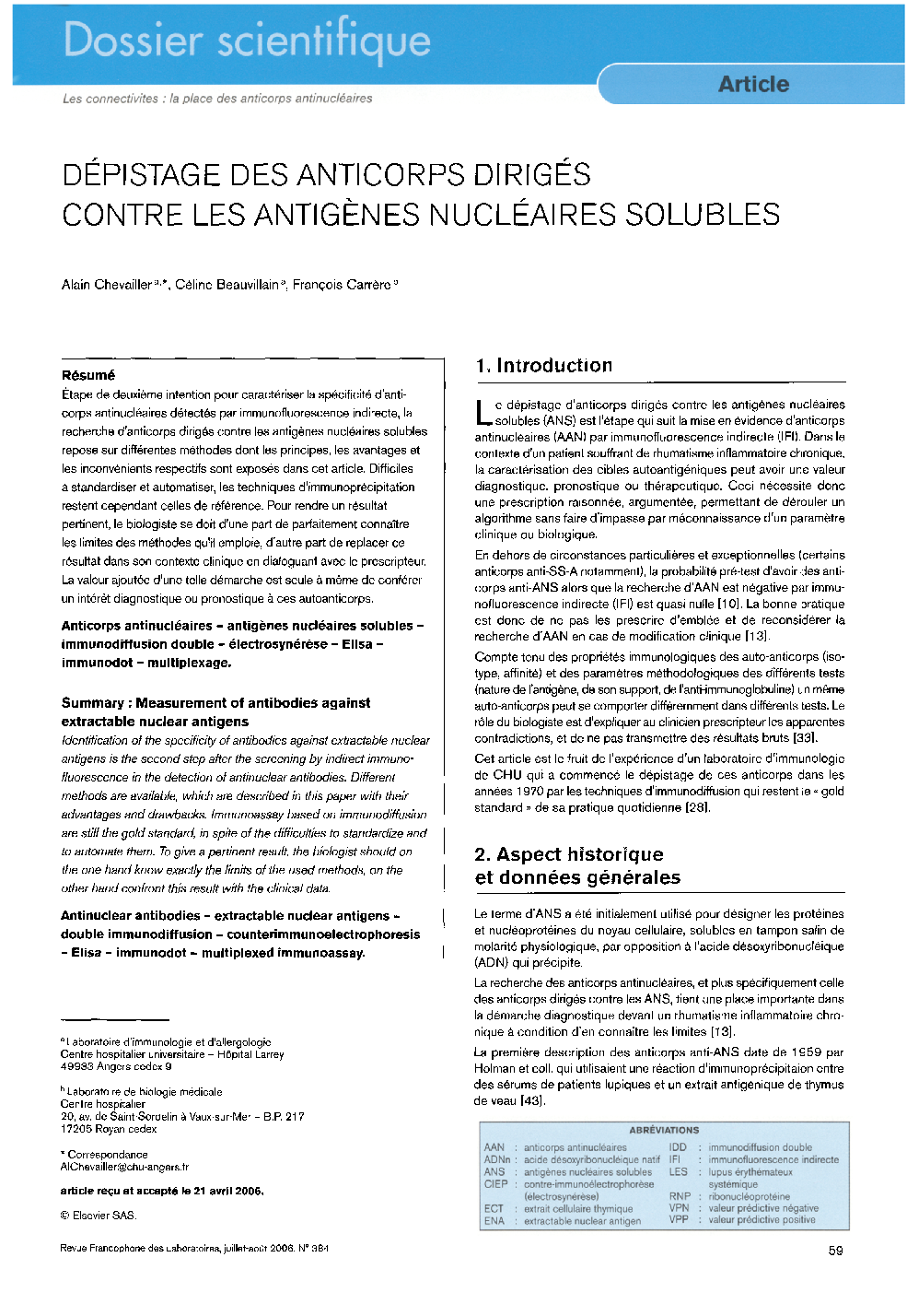 عکس صفحه اول مقاله: Dépistage des anticorps dirigéscontre les an tigènes nucléaires solubles Dépistage des anticorps dirigéscontre les an tigènes nucléaires solubles