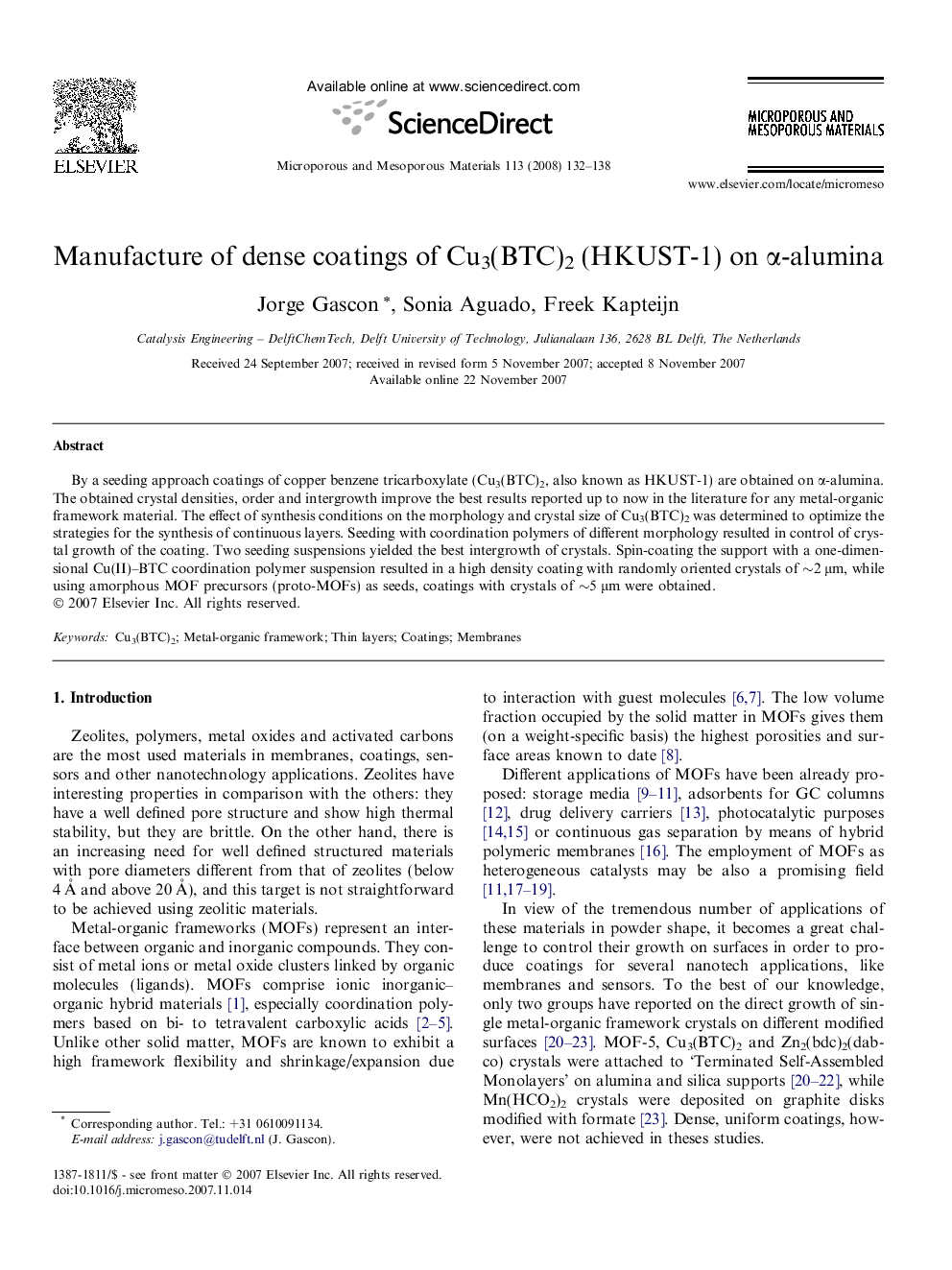 Manufacture of dense coatings of Cu3(BTC)2 (HKUST-1) on α-alumina