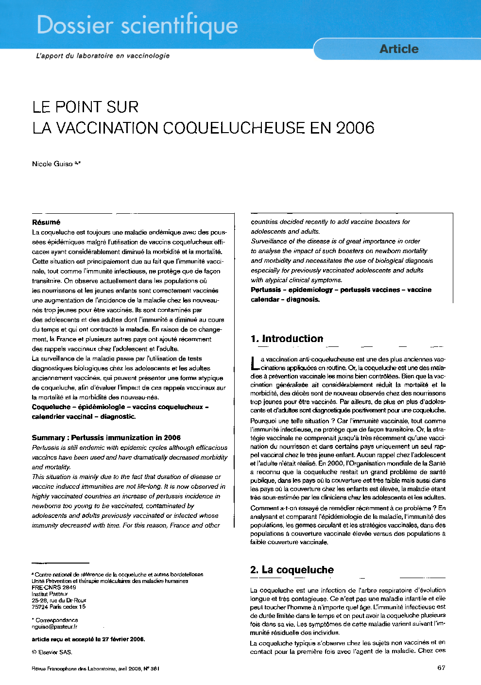 Le point sur la vaccination coquelucheuse en 2006