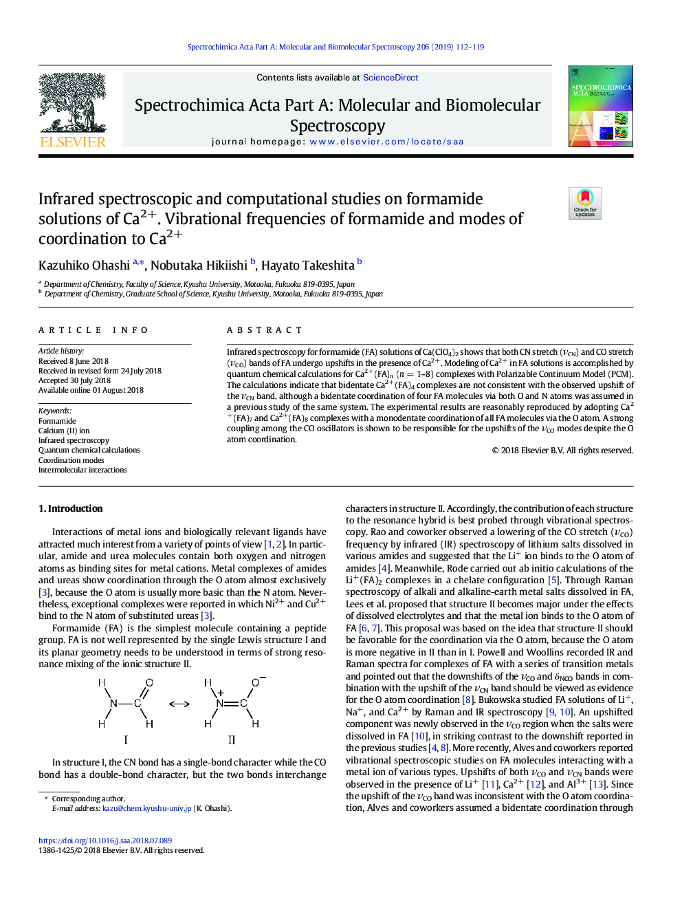 Infrared spectroscopic and computational studies on formamide solutions of Ca2+. Vibrational frequencies of formamide and modes of coordination to Ca2+