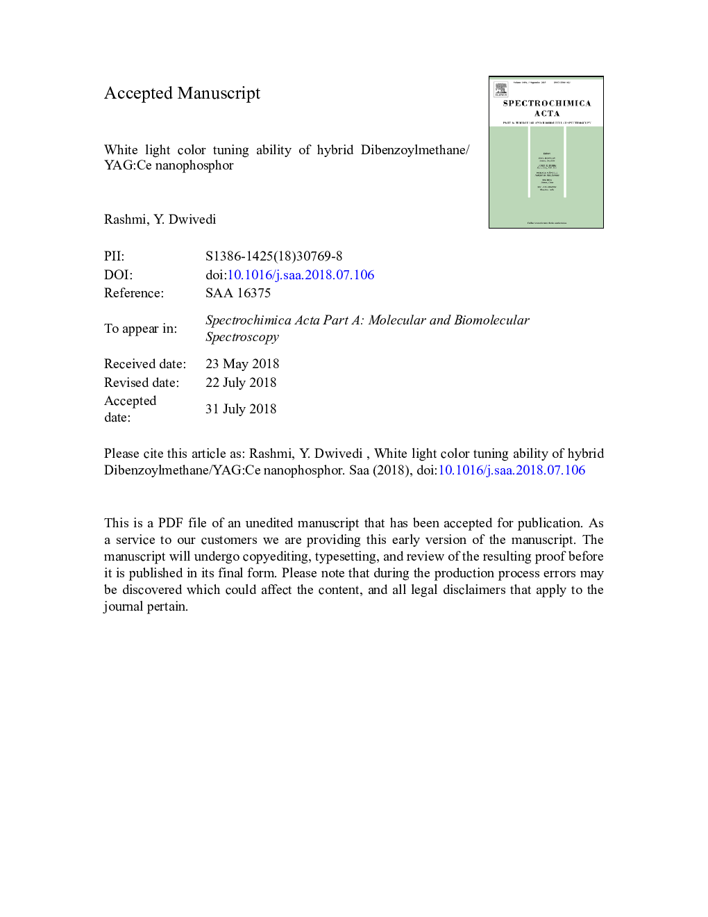 White light color tuning ability of hybrid Dibenzoylmethane/YAG:Ce nanophosphor