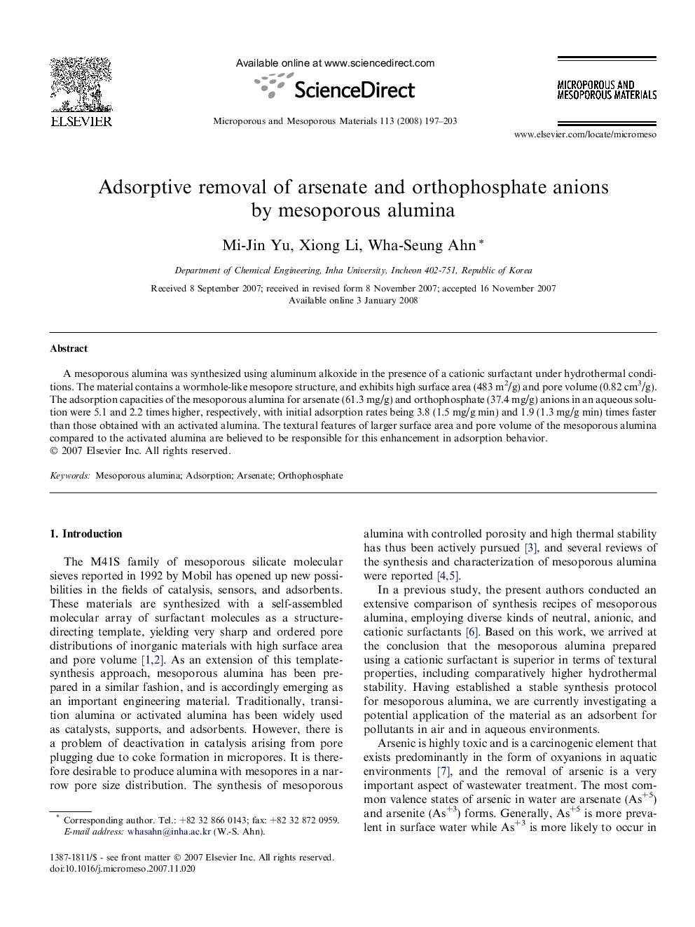 Adsorptive removal of arsenate and orthophosphate anions by mesoporous alumina