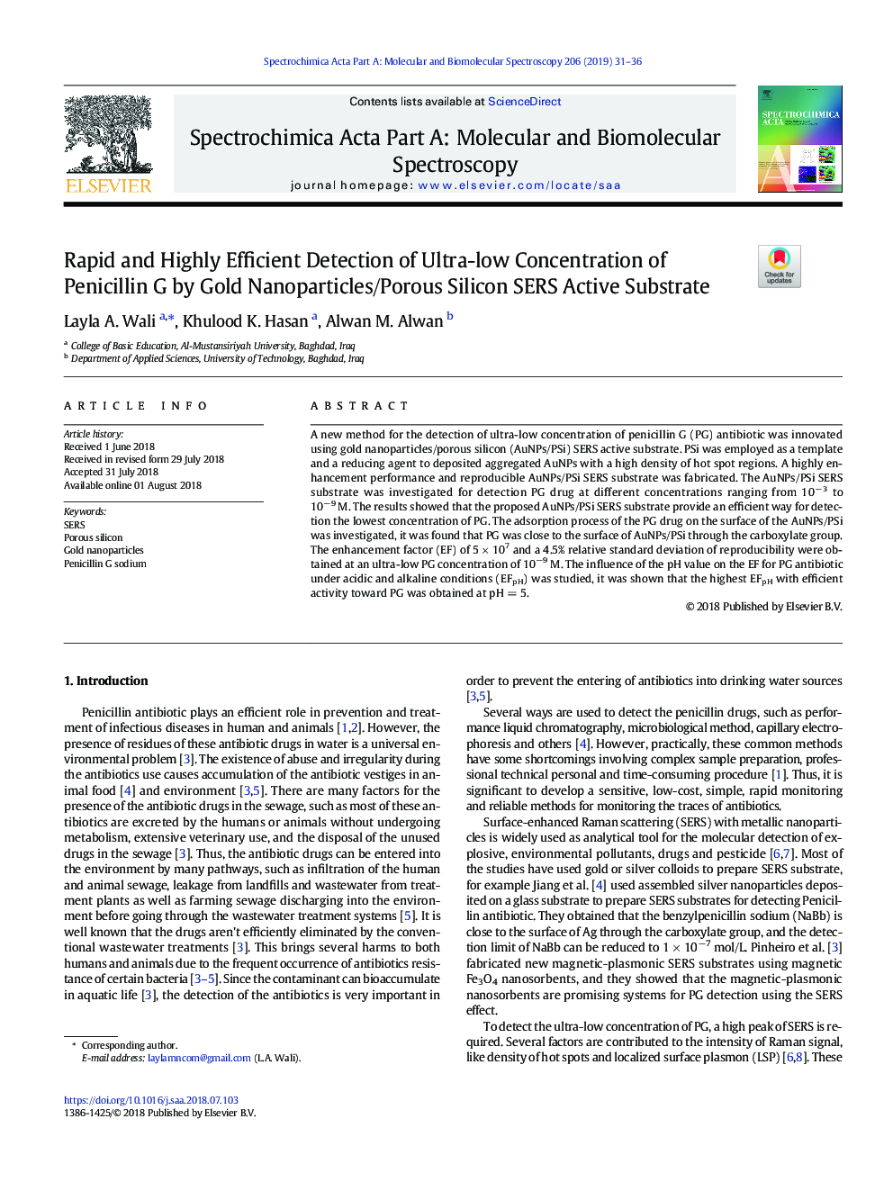 Rapid and Highly Efficient Detection of Ultra-low Concentration of Penicillin G by Gold Nanoparticles/Porous Silicon SERS Active Substrate