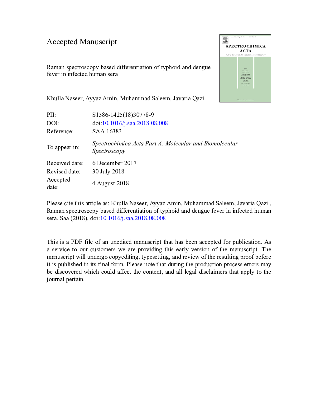 Raman spectroscopy based differentiation of typhoid and dengue fever in infected human sera