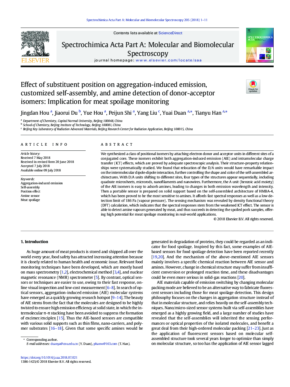 Effect of substituent position on aggregation-induced emission, customized self-assembly, and amine detection of donor-acceptor isomers: Implication for meat spoilage monitoring