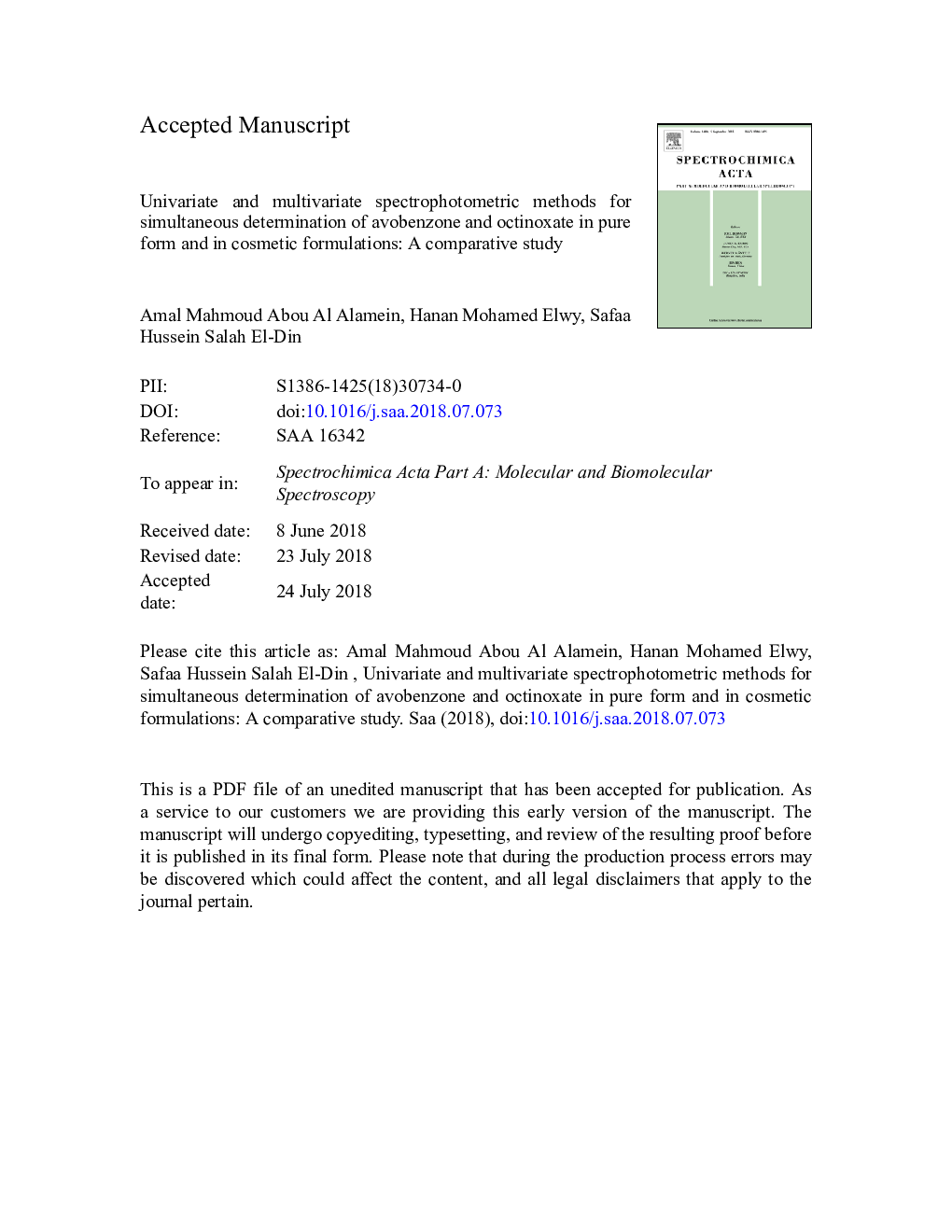 Univariate and multivariate spectrophotometric methods for simultaneous determination of avobenzone and octinoxate in pure form and in cosmetic formulations: A comparative study