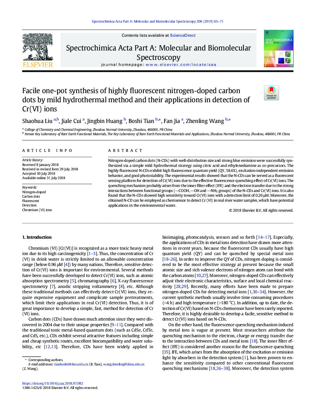 Facile one-pot synthesis of highly fluorescent nitrogen-doped carbon dots by mild hydrothermal method and their applications in detection of Cr(VI) ions