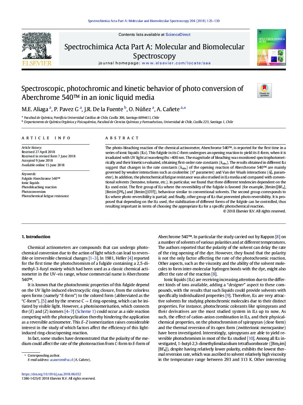 Spectroscopic, photochromic and kinetic behavior of photo conversion of Aberchrome 540â¢ in an ionic liquid media