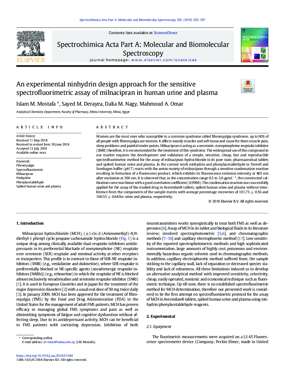 An experimental ninhydrin design approach for the sensitive spectrofluorimetric assay of milnacipran in human urine and plasma