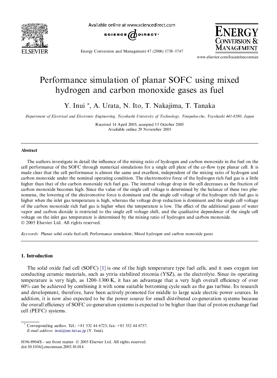 Performance simulation of planar SOFC using mixed hydrogen and carbon monoxide gases as fuel