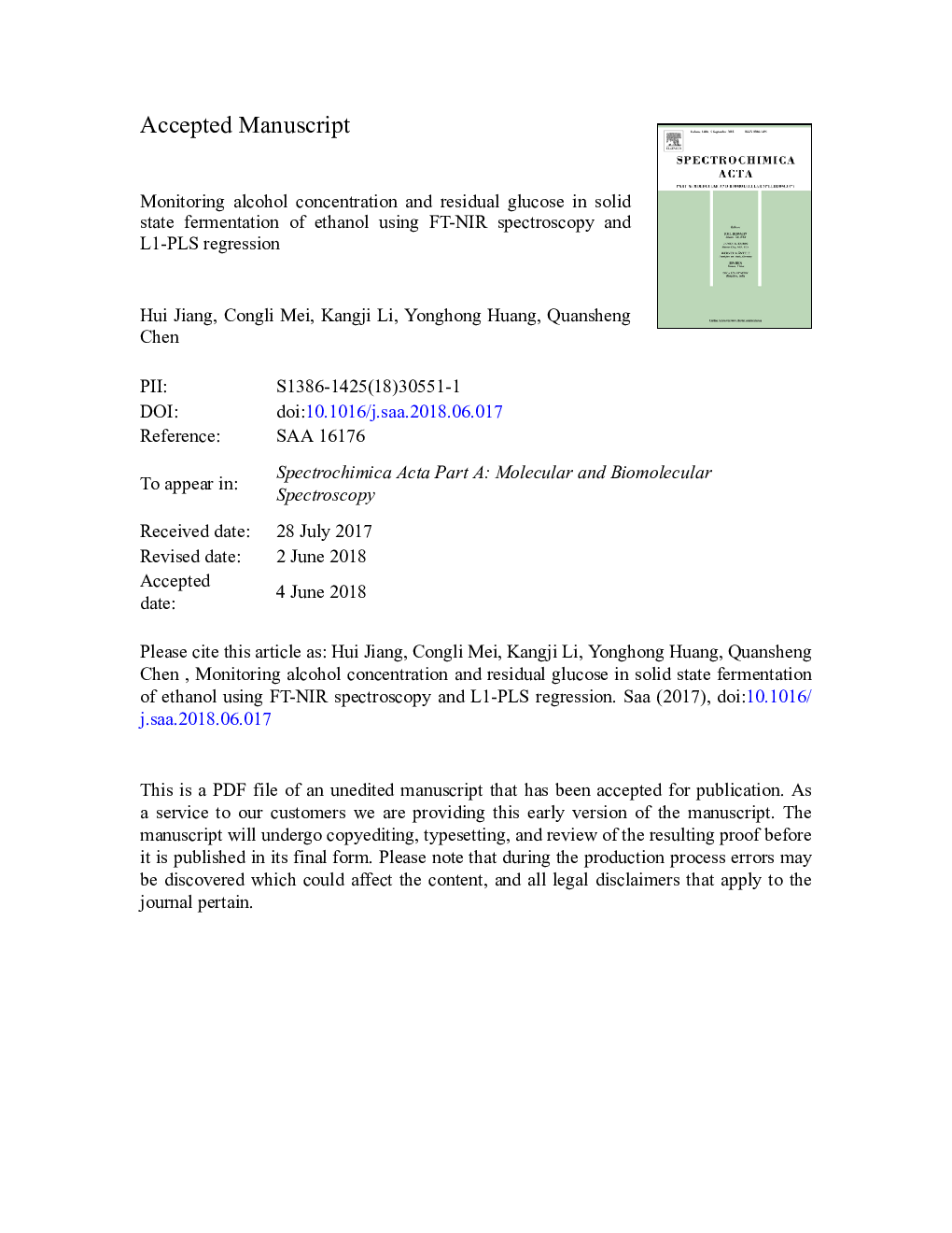 Monitoring alcohol concentration and residual glucose in solid state fermentation of ethanol using FT-NIR spectroscopy and L1-PLS regression