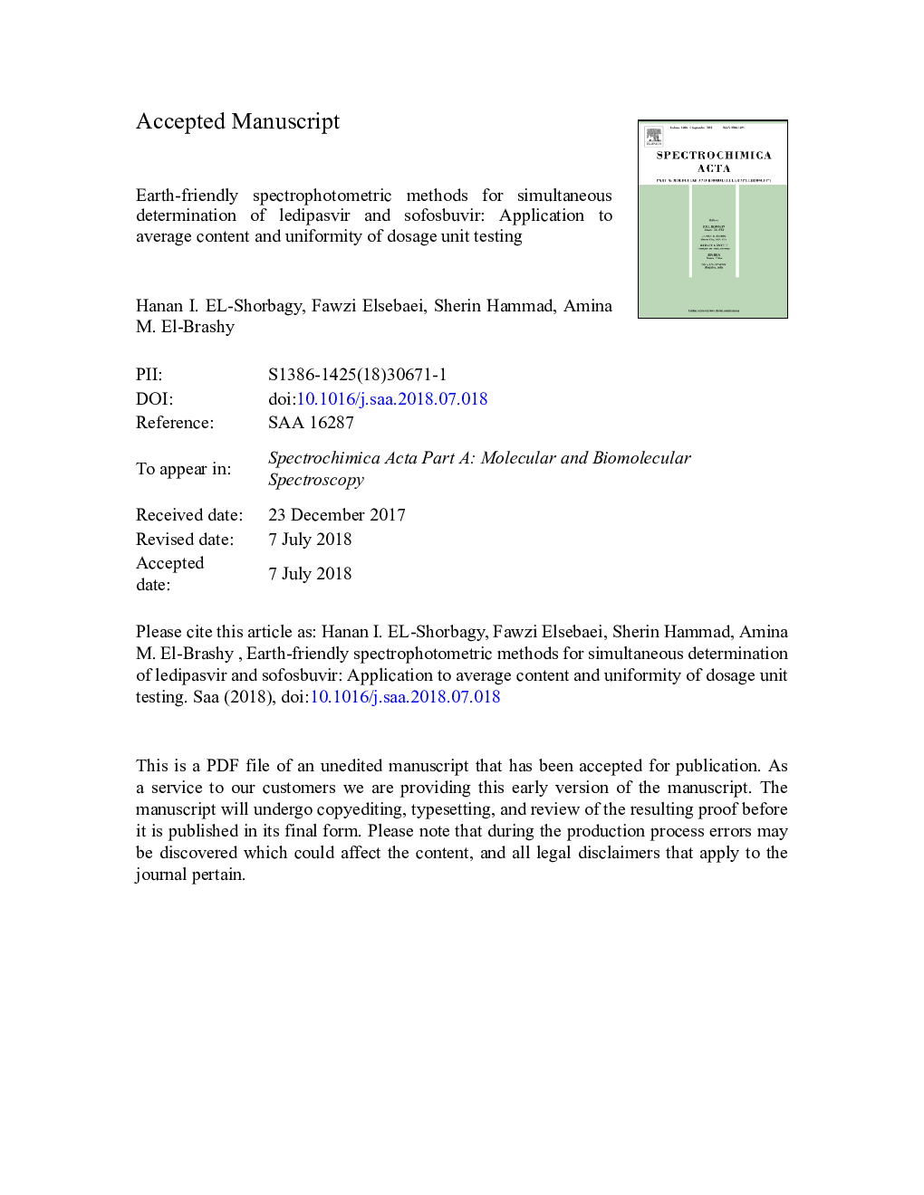 Earth-friendly spectrophotometric methods for simultaneous determination of ledipasvir and sofosbuvir: Application to average content and uniformity of dosage unit testing