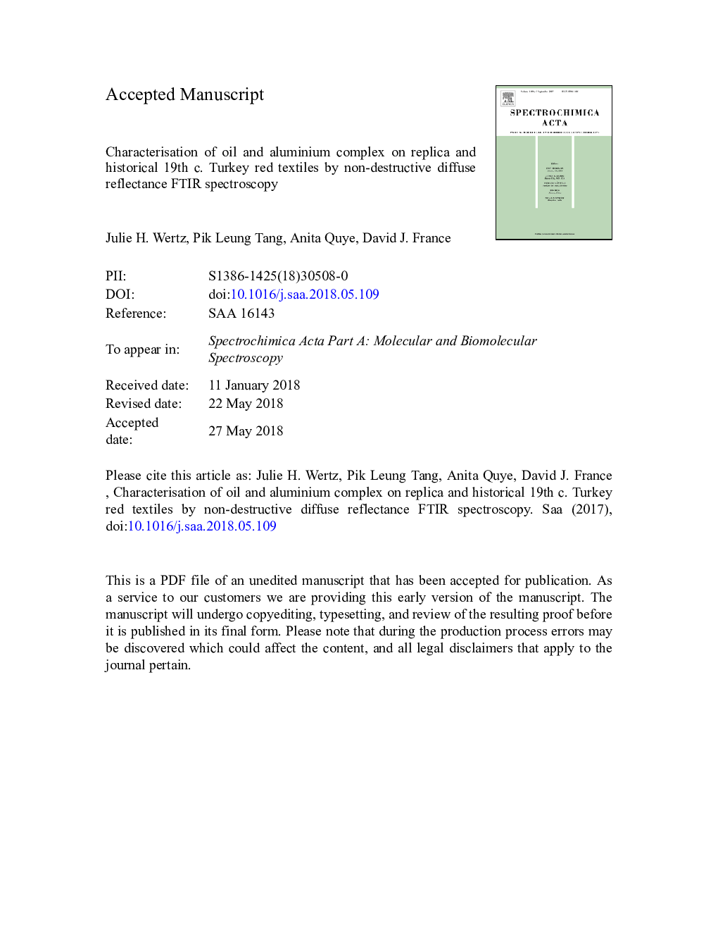 Characterisation of oil and aluminium complex on replica and historical 19th c. Turkey red textiles by non-destructive diffuse reflectance FTIR spectroscopy