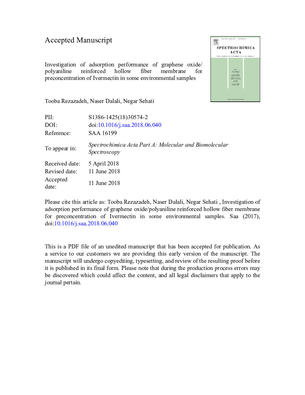 Investigation of adsorption performance of graphene oxide/polyaniline reinforced hollow fiber membrane for preconcentration of Ivermectin in some environmental samples