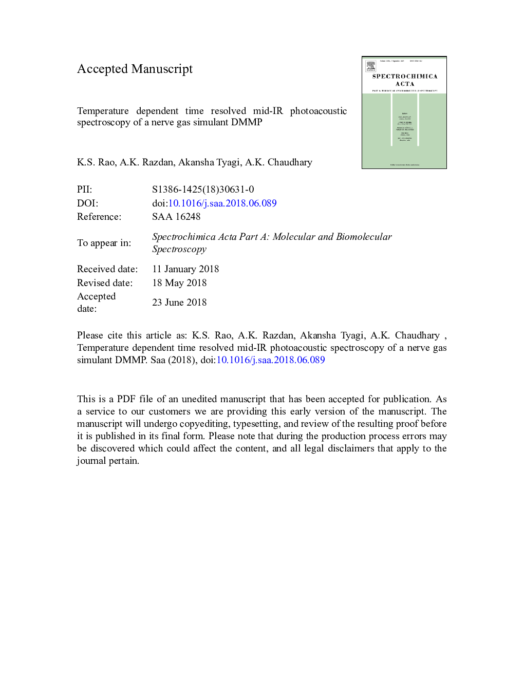 Temperature dependent time resolved mid-IR photoacoustic spectroscopy of a nerve gas simulant DMMP