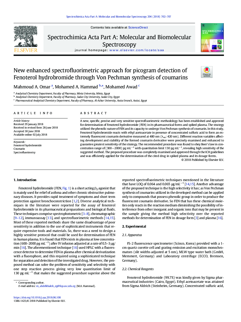 New enhanced spectrofluorimetric approach for picogram detection of Fenoterol hydrobromide through Von Pechman synthesis of coumarins