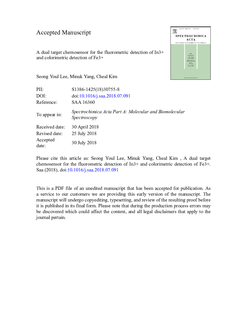 عکس صفحه اول مقاله: A dual target chemosensor for the fluorometric detection of In3+ and colorimetric detection of Fe3+ A dual target chemosensor for the fluorometric detection of In3+ and colorimetric detection of Fe3+