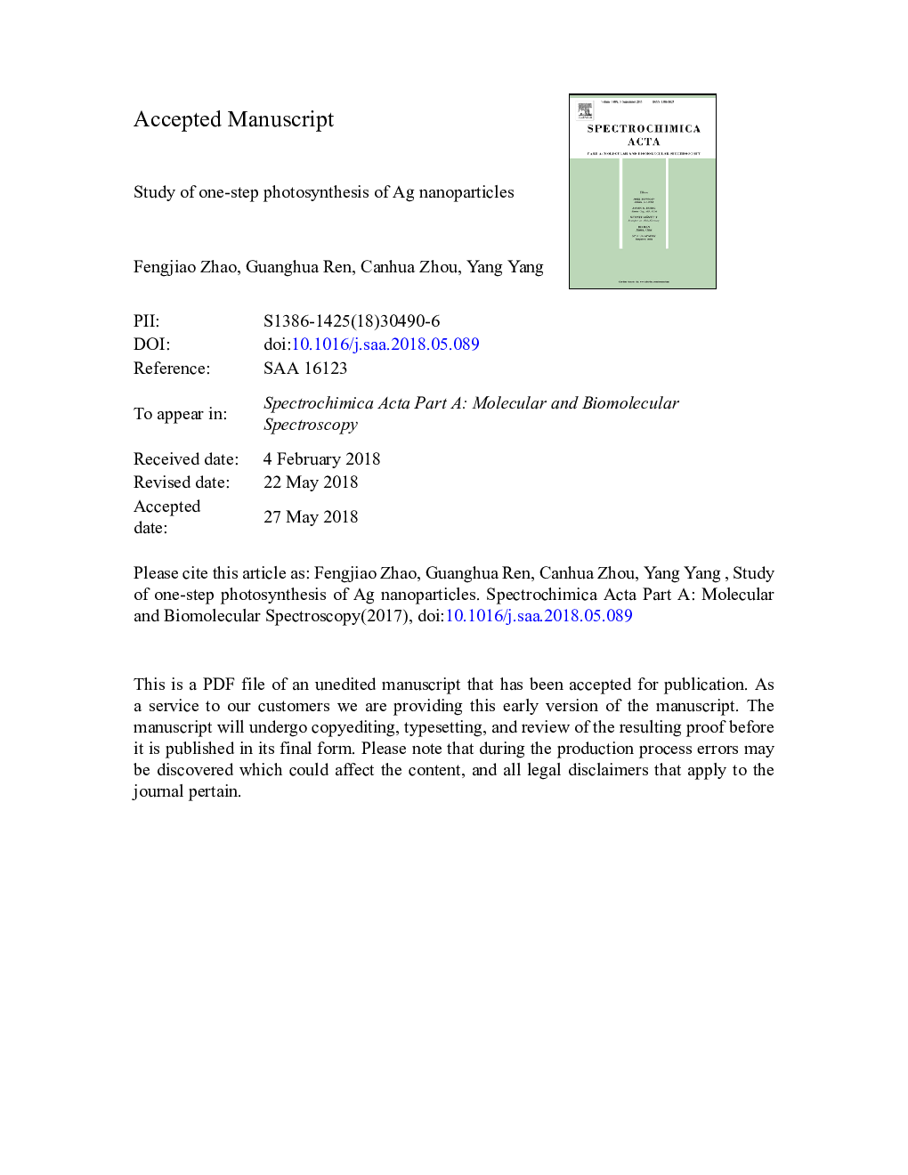 Study of one-step photosynthesis of Ag nanoparticles