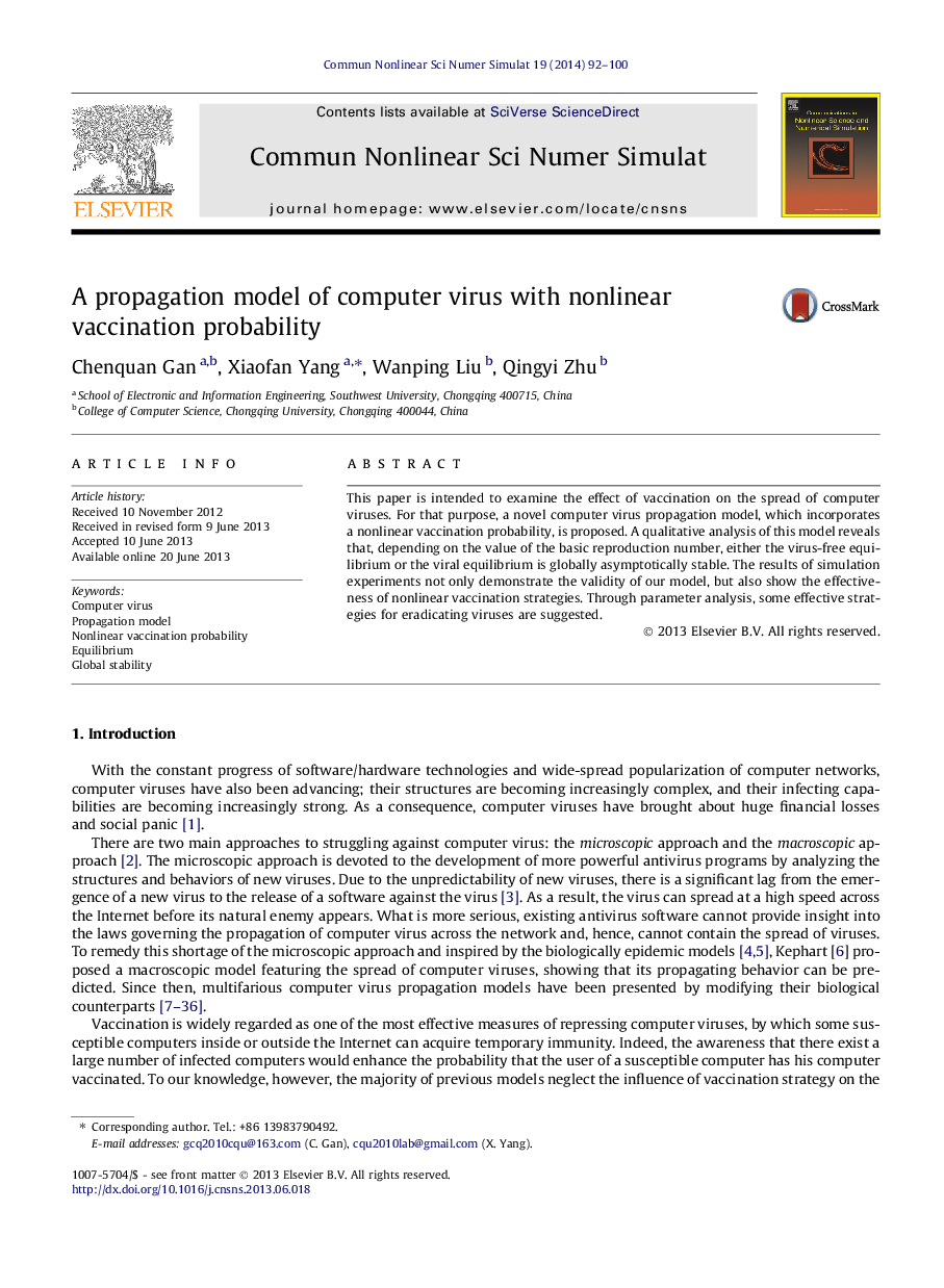 A propagation model of computer virus with nonlinear vaccination probability