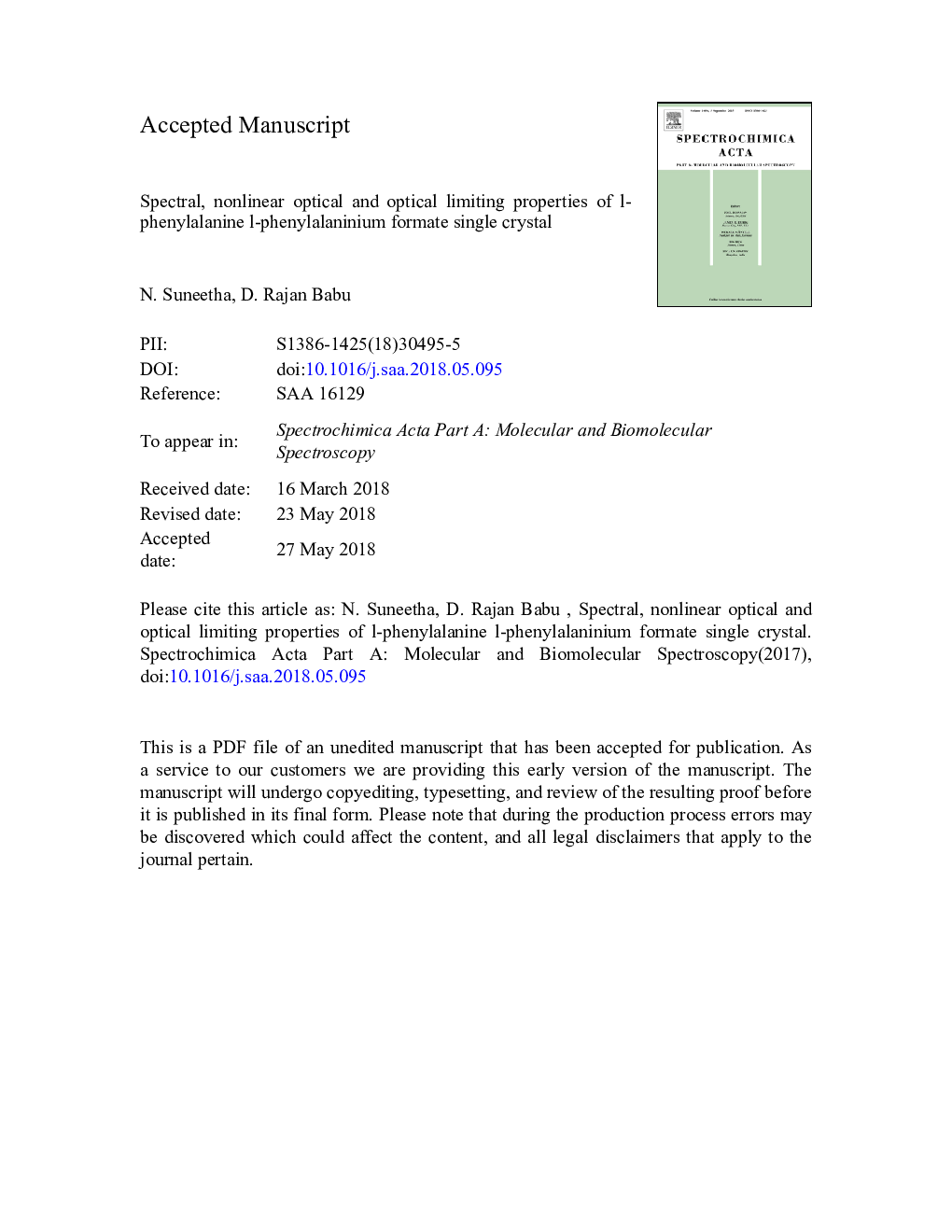 Spectral, nonlinear optical and optical limiting properties of l-phenylalanine l-phenylalaninium formate single crystal