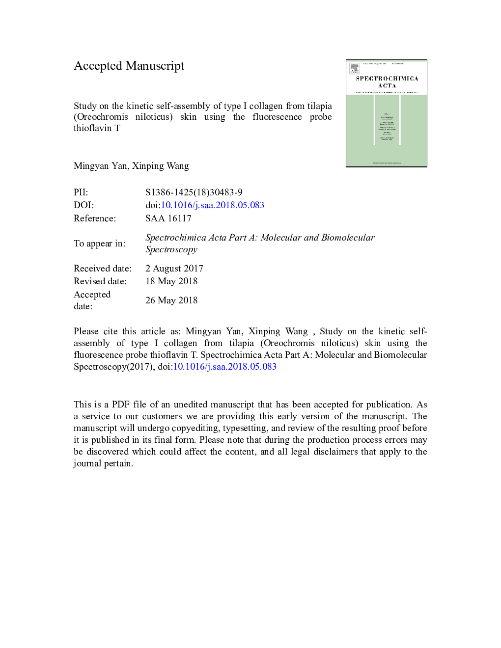 Study on the kinetic self-assembly of type I collagen from tilapia (Oreochromis niloticus) skin using the fluorescence probe thioflavin T