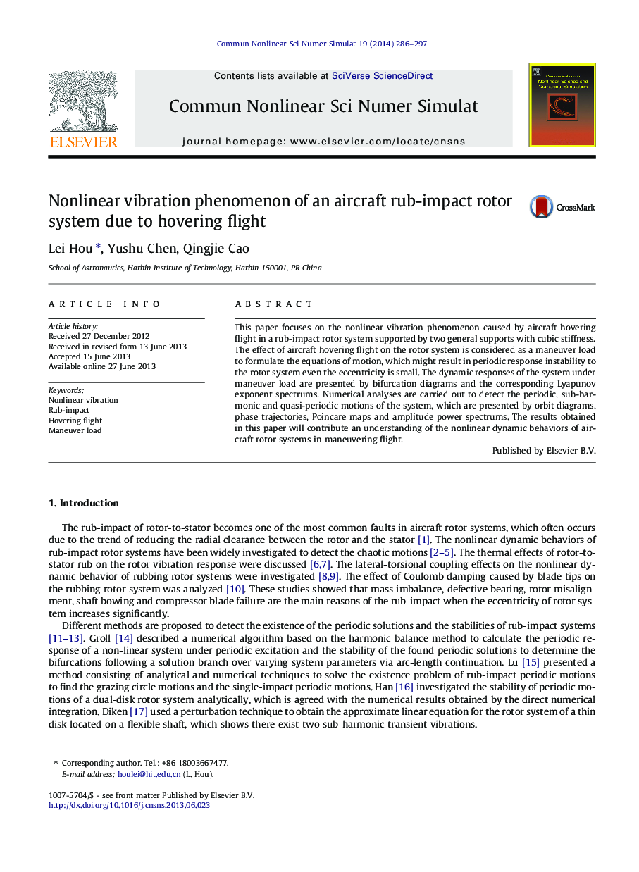 Nonlinear vibration phenomenon of an aircraft rub-impact rotor system due to hovering flight