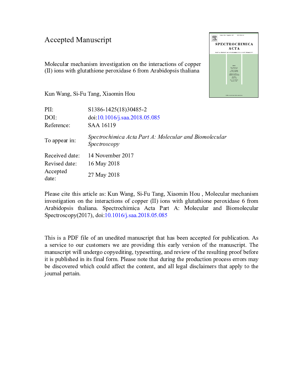 Molecular mechanism investigation on the interactions of copper (II) ions with glutathione peroxidase 6 from Arabidopsis thaliana