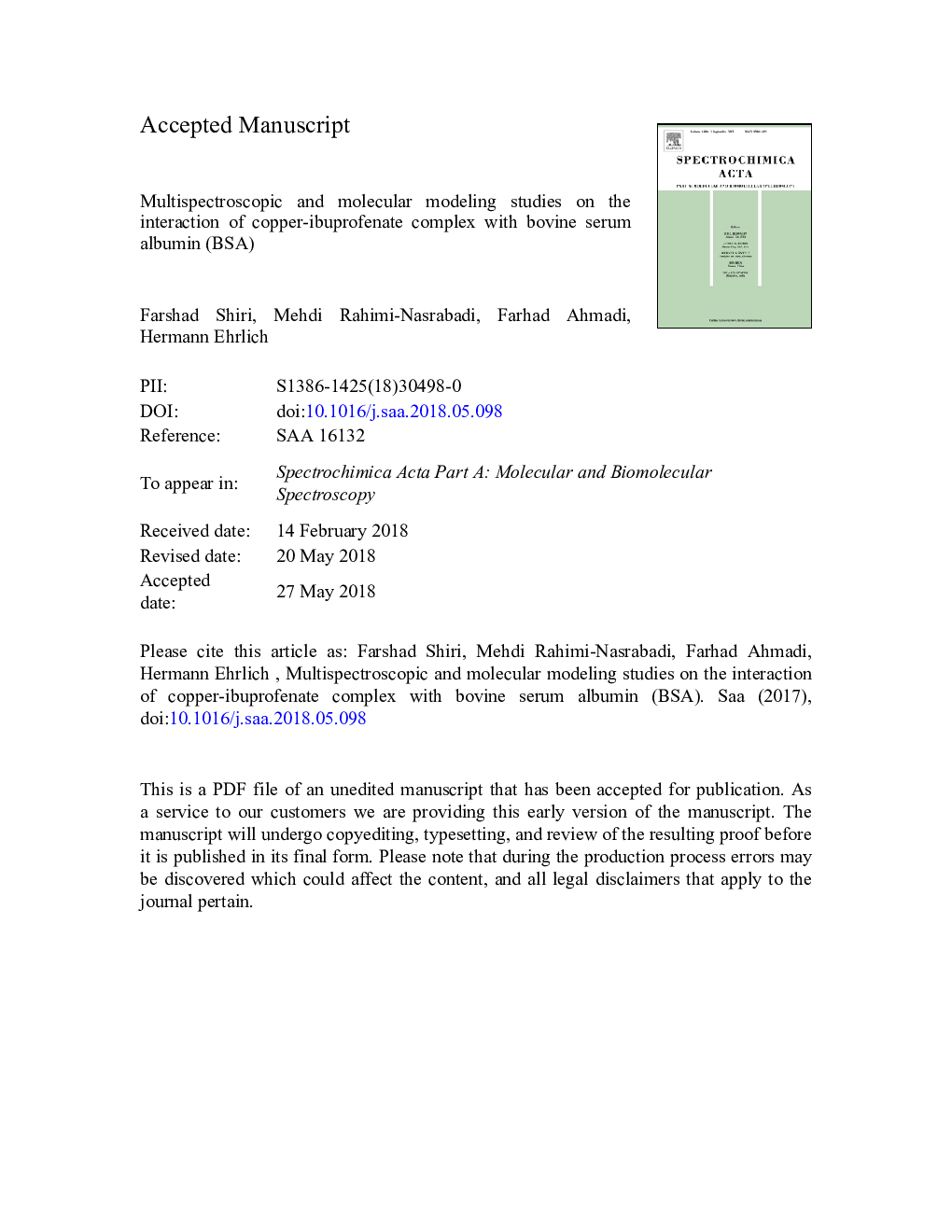 Multispectroscopic and molecular modeling studies on the interaction of copper-ibuprofenate complex with bovine serum albumin (BSA)