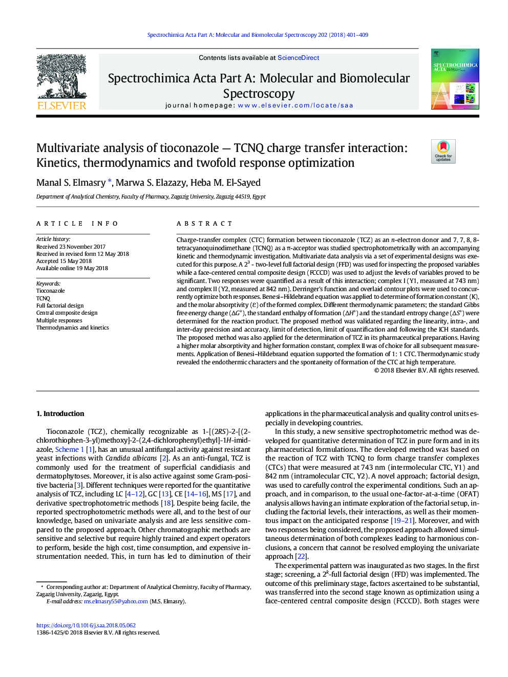 Multivariate analysis of tioconazole - TCNQ charge transfer interaction: Kinetics, thermodynamics and twofold response optimization