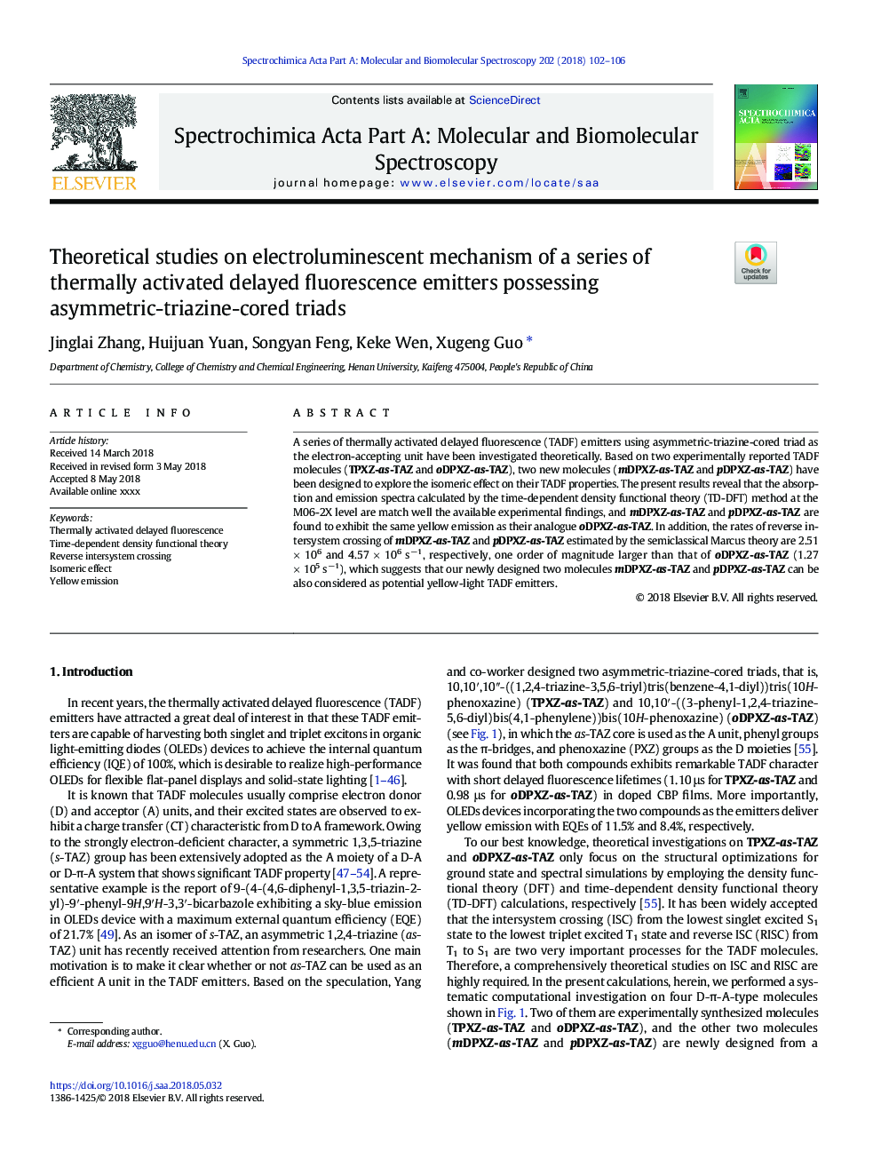 Theoretical studies on electroluminescent mechanism of a series of thermally activated delayed fluorescence emitters possessing asymmetric-triazine-cored triads