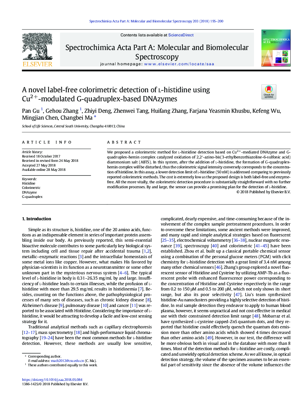 A novel label-free colorimetric detection of l-histidine using Cu2+-modulated G-quadruplex-based DNAzymes