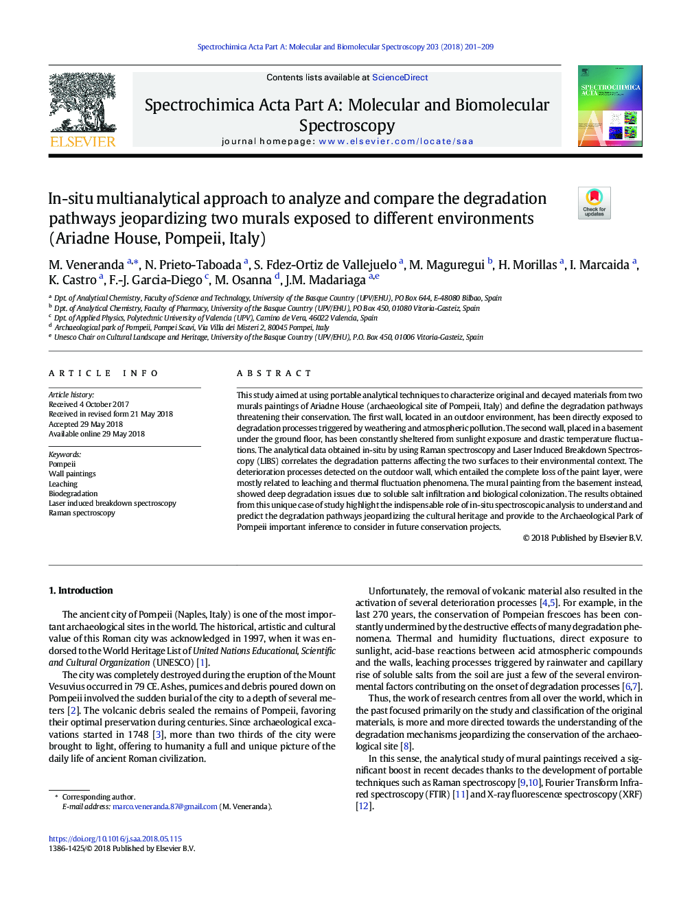 In-situ multianalytical approach to analyze and compare the degradation pathways jeopardizing two murals exposed to different environments (Ariadne House, Pompeii, Italy)