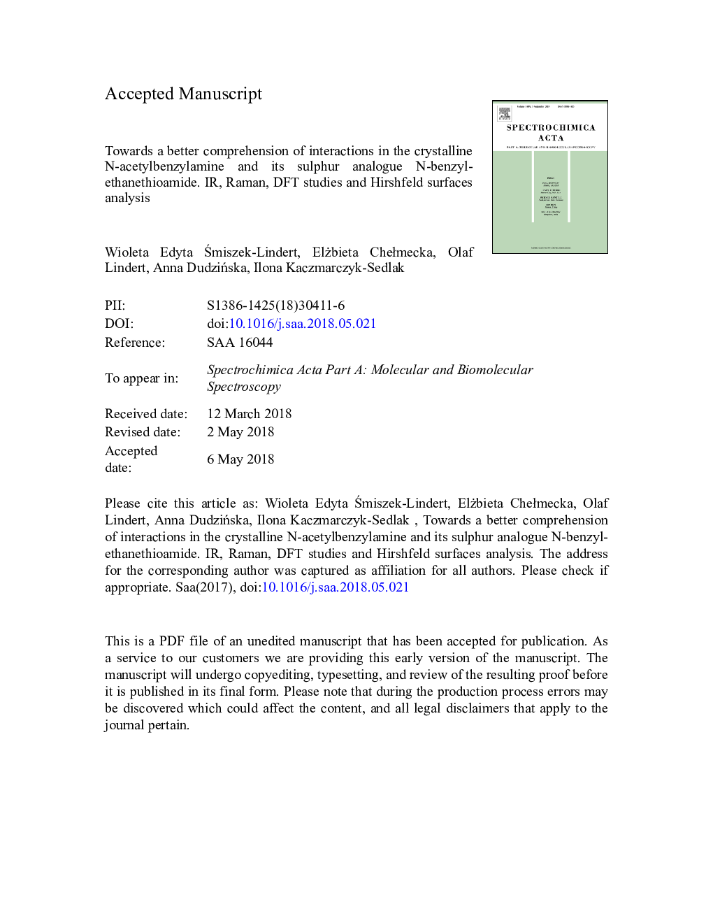 Towards a better comprehension of interactions in the crystalline N-acetylbenzylamine and its sulphur analogue N-benzyl-ethanethioamide. IR, Raman, DFT studies and Hirshfeld surfaces analysis