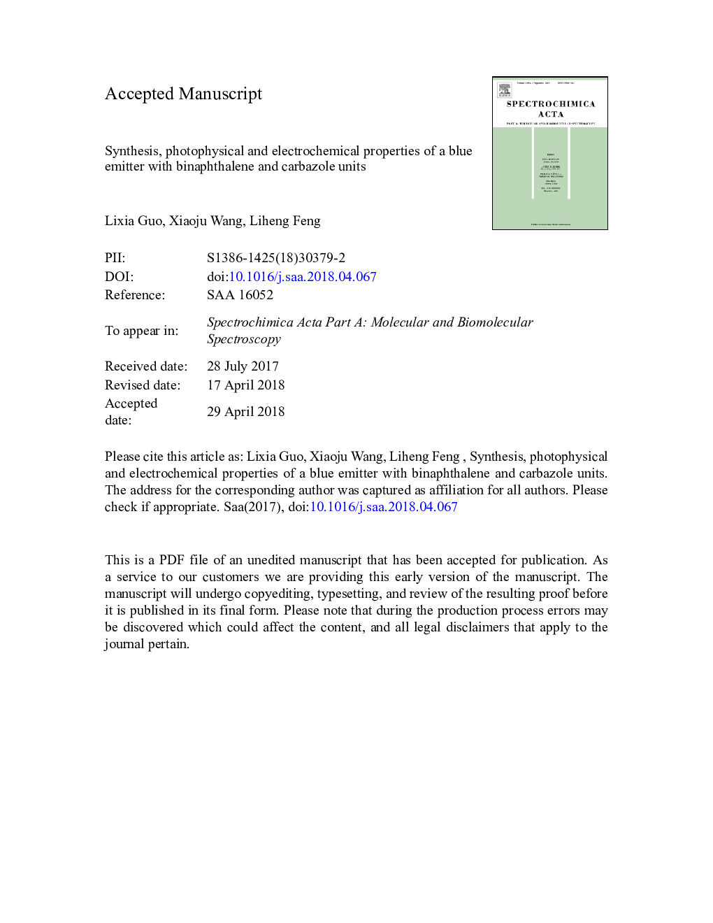 Synthesis, photophysical and electrochemical properties of a blue emitter with binaphthalene and carbazole units