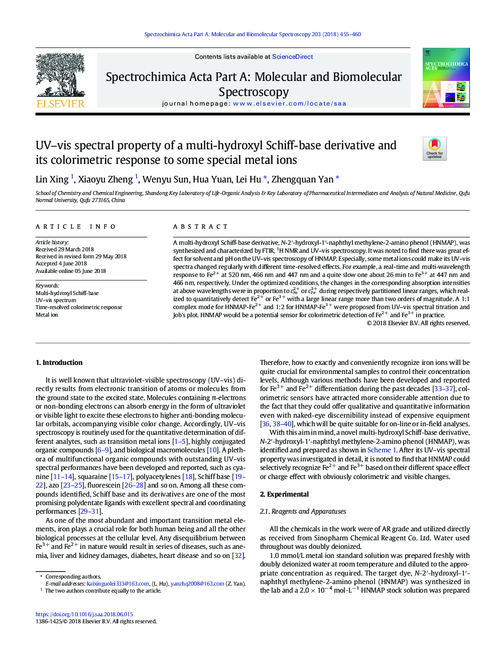 UV-vis spectral property of a multi-hydroxyl Schiff-base derivative and its colorimetric response to some special metal ions