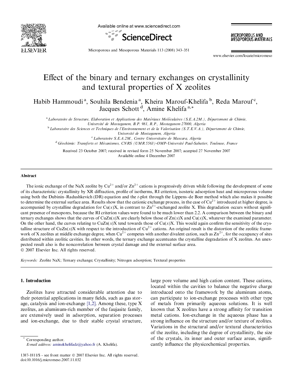 Effect of the binary and ternary exchanges on crystallinity and textural properties of X zeolites