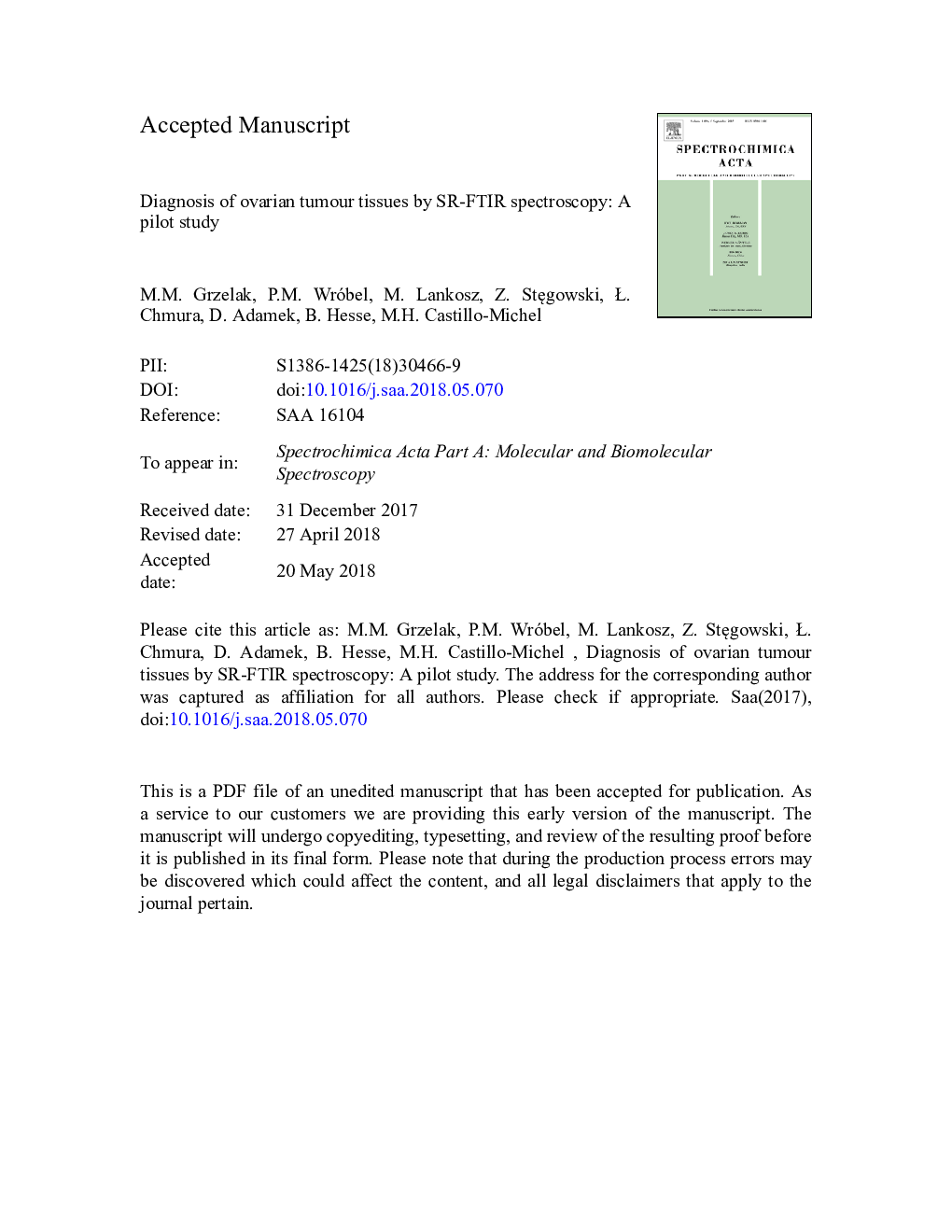 Diagnosis of ovarian tumour tissues by SR-FTIR spectroscopy: A pilot study