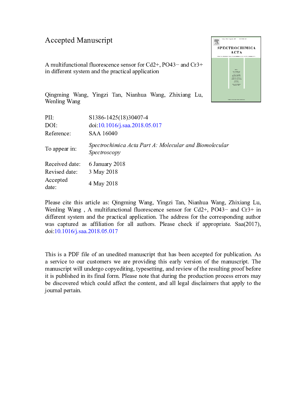 A multifunctional fluorescence sensor for Cd2+, PO43â and Cr3+ in different system and the practical application