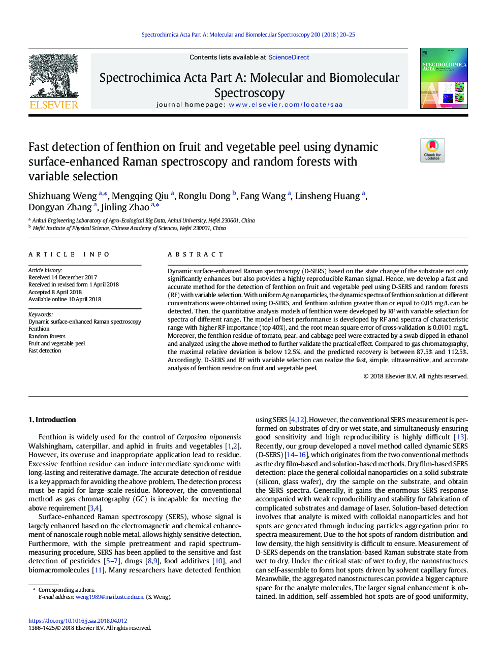 Fast detection of fenthion on fruit and vegetable peel using dynamic surface-enhanced Raman spectroscopy and random forests with variable selection