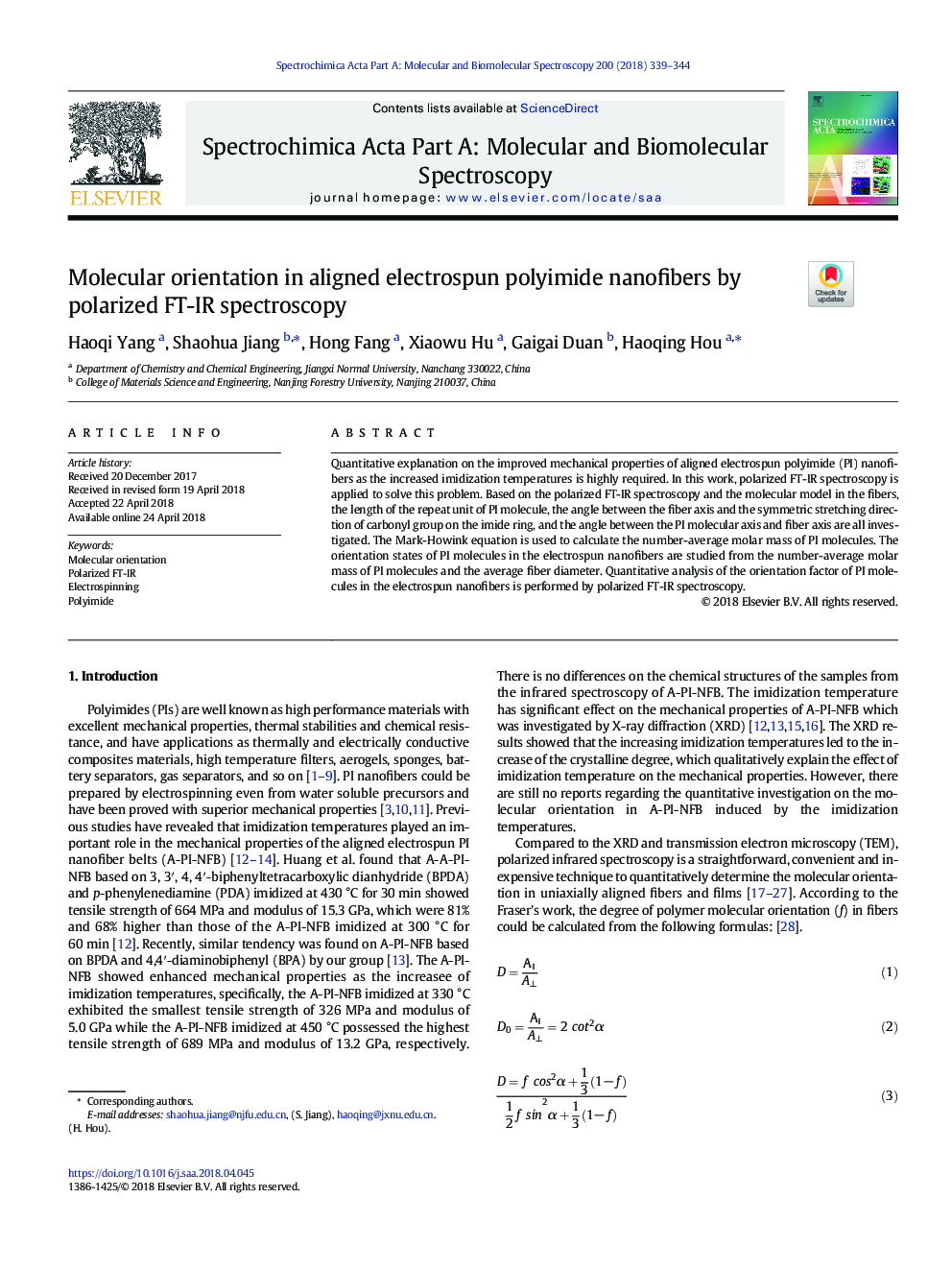 Molecular orientation in aligned electrospun polyimide nanofibers by polarized FT-IR spectroscopy