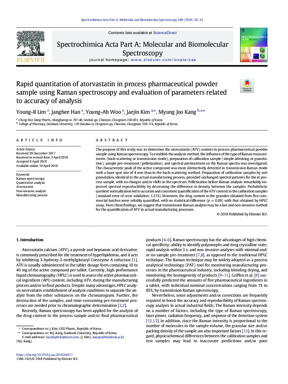 Rapid quantitation of atorvastatin in process pharmaceutical powder sample using Raman spectroscopy and evaluation of parameters related to accuracy of analysis